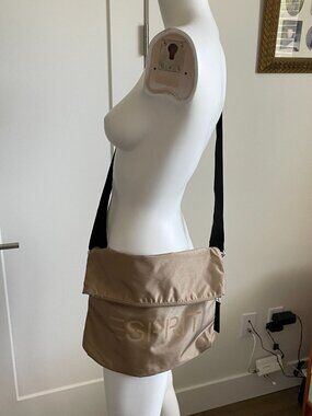 Esprit Easycare 100% Polyester Zip Top Crossbody Bag w Metal Hardware Tan & Blk